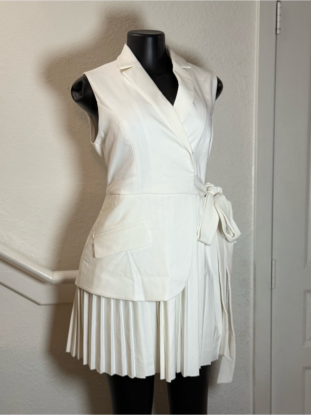 Commense Cream Sleeveless Wrap Blazer Dress with Pleated Skirt - Picture 1 of 7